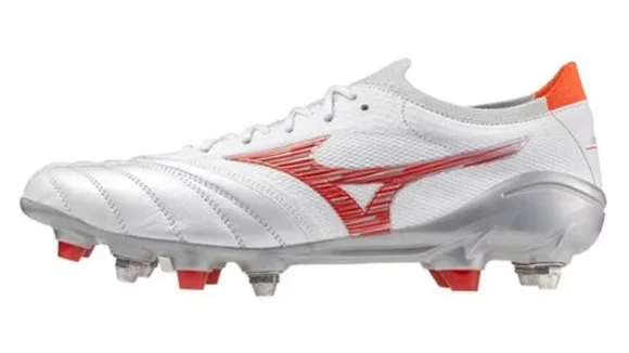 Mizuno Morelia Neo IV Elite Rugby Boots in white, orange & red. Available to purchase at Lovell Rugby.