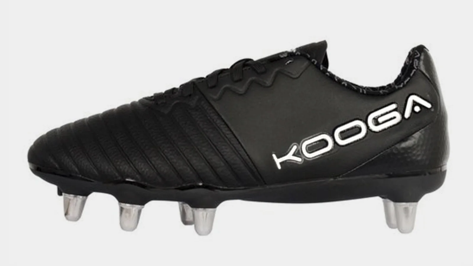 Kooga Power Rugby Boots in black, showcasing 8 studs.