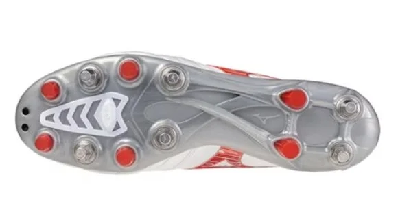Sokleplate of Mizuno Morelia Neo IV Elite Rugby Boots in white, grey, orange & red. Available to purchase at Lovell Rugby.