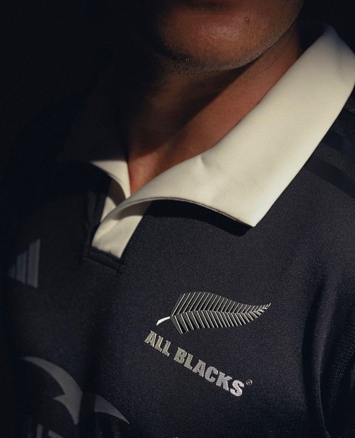 The latest 2024 Home Jersey for the New Zealand All Blacks. showcasing silver detailing & fold over collar. Available to purchase at Lovell-rugby.co.uk from 1st June 2024.