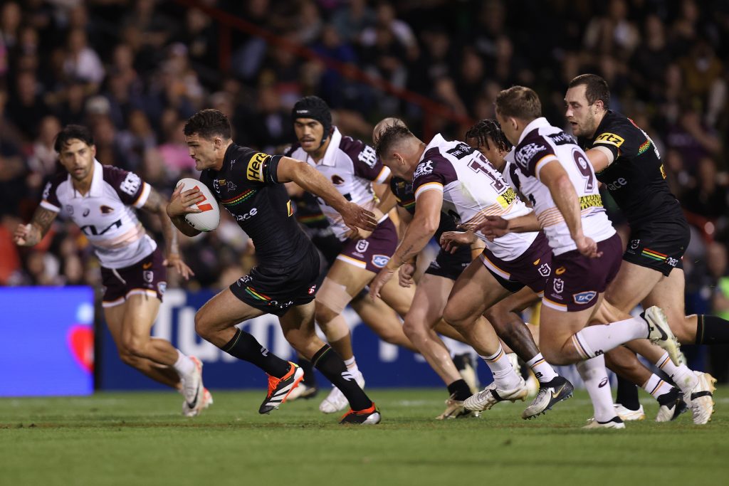 Nathan Cleary of the Panthers makes a break during the round three NRL match between Penrith Panthers and Brisbane Broncos at BlueBet Stadium on March 21, 2024 in Penrith, Australia. (Photo by Jason McCawley/Getty Images)