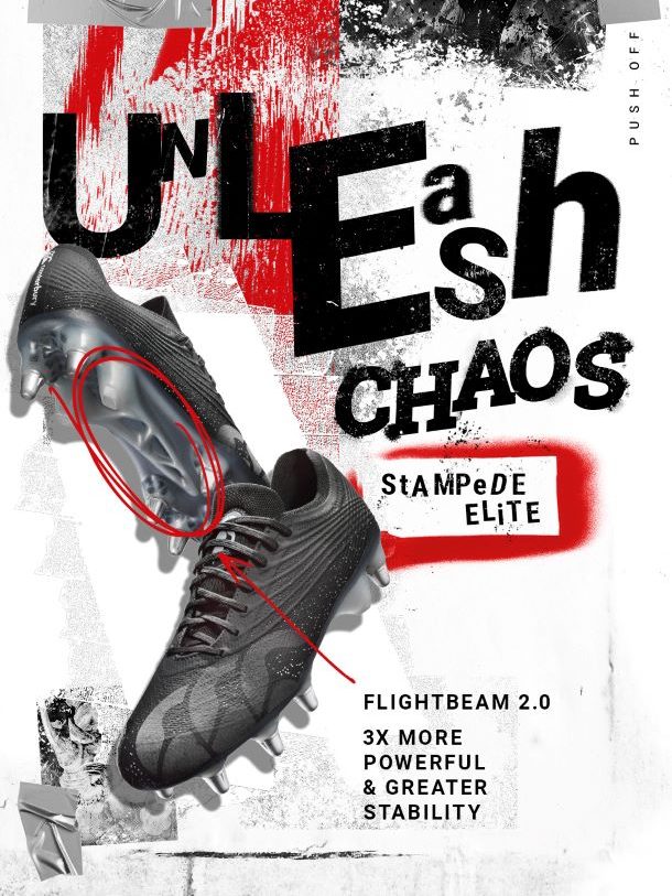 Canterbury Stampede Elite Rugby Boots in Black with "Unleash Chaos" graphics in the background. Available to purchase at Lovell Rugby