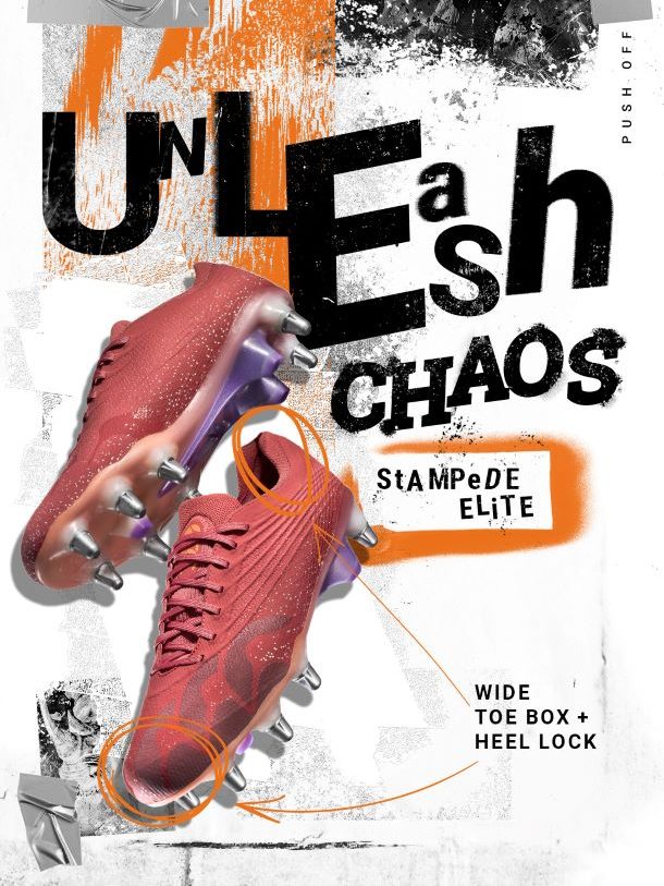 Canterbury Stampede Elite Rugby Boots in Red with "Unleash Chaos" graphics in the background. Available to purchase at Lovell Rugby