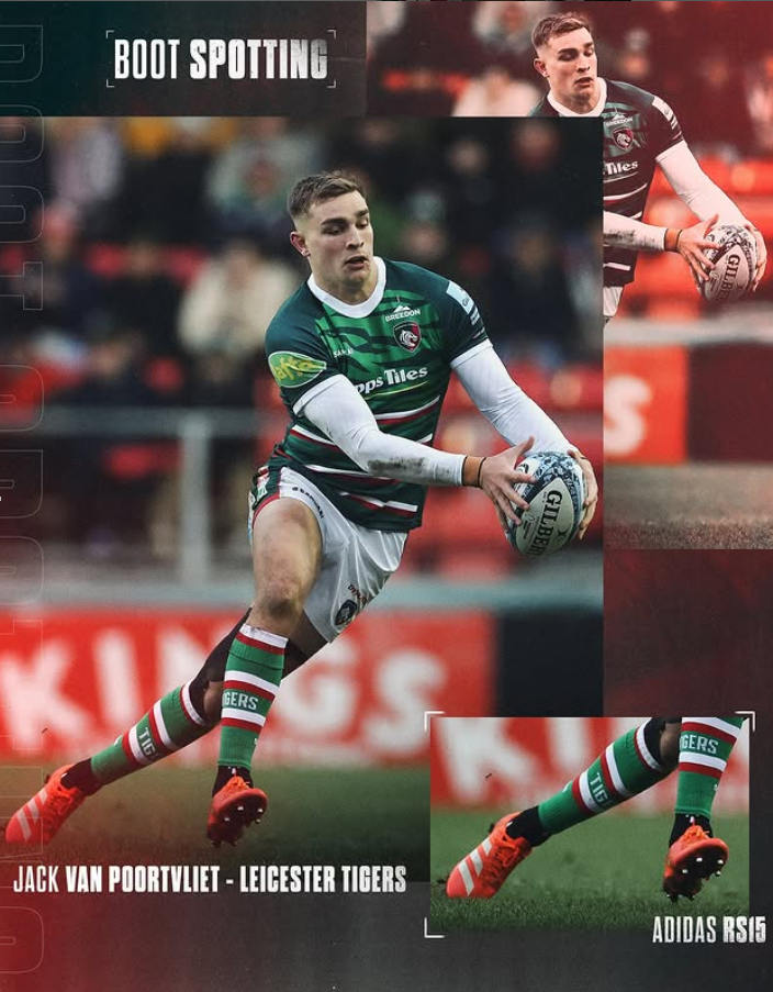 Jack Van Poortvliet of Leicester Tigers wearing the adidas RS15 Pro 'Afterburner' Rugby Boots.